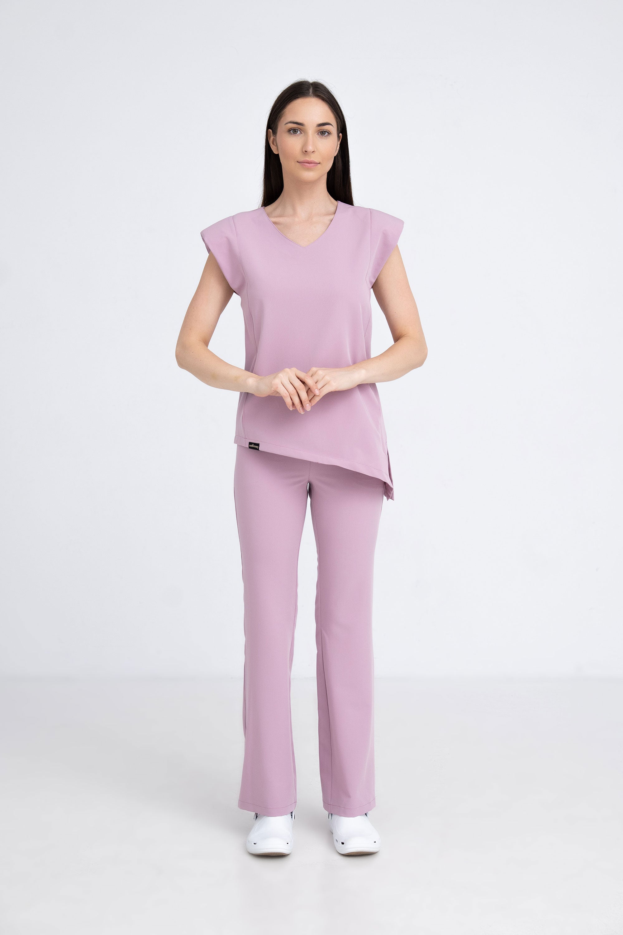 Medyczne spodnie damskie dzwony - kolor pudra rose