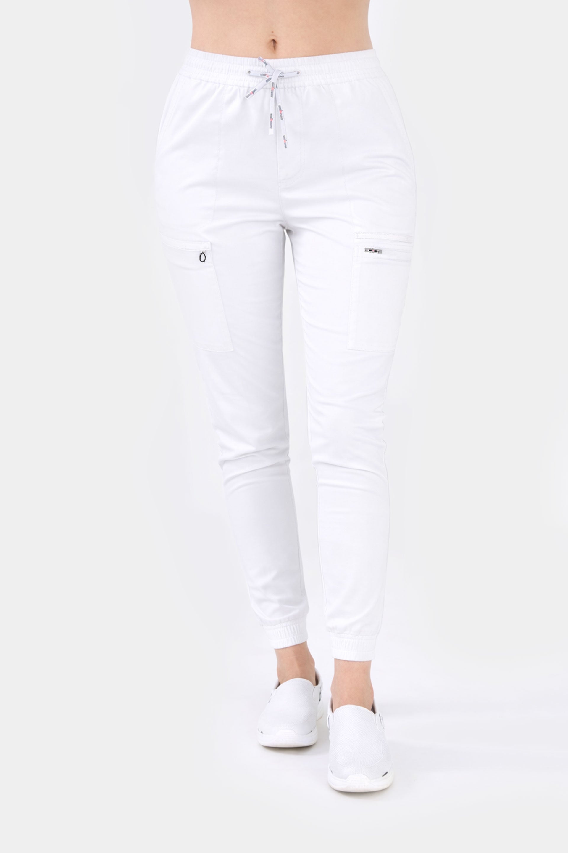 Medyczne spodnie damskie joggery - kolor biały